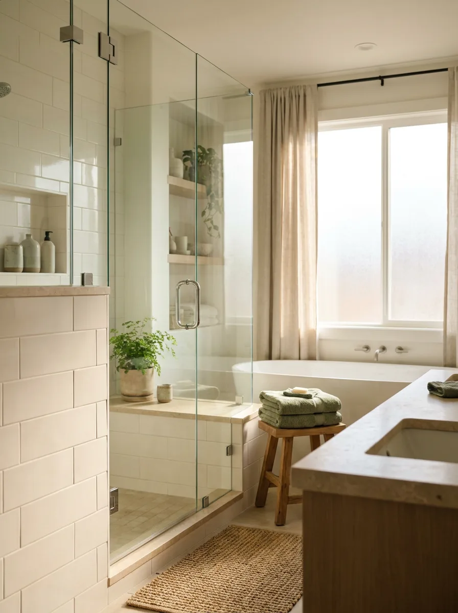Sparkling clean bathroom tile and glass shower in soft natural light