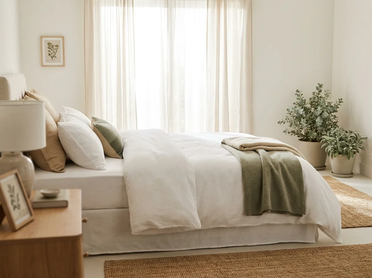 Bright bedroom with crisp, freshly made linens in soft morning light