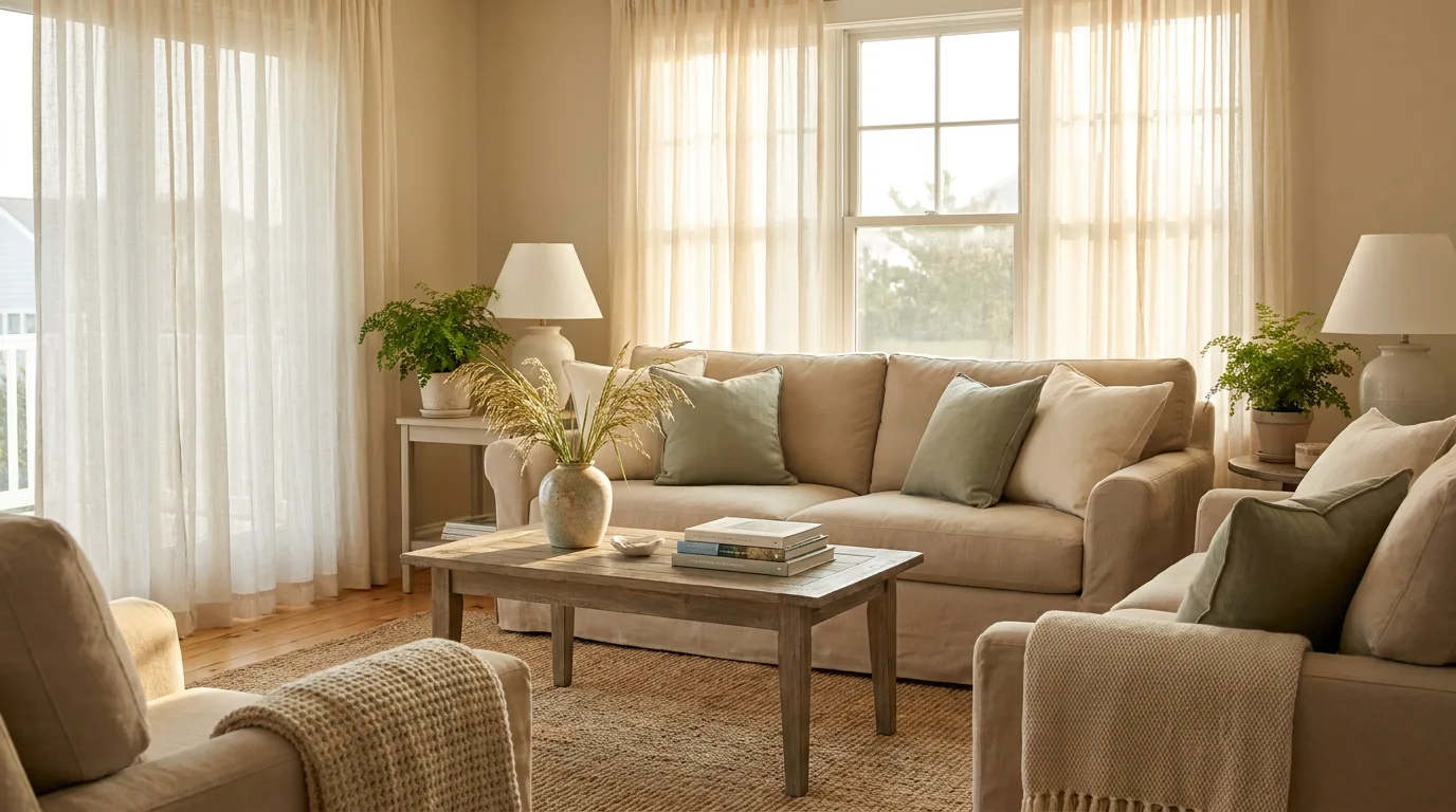 Sunlit, freshly cleaned living room in a warm coastal-neutral Toms River home with sheer curtains and soft morning light