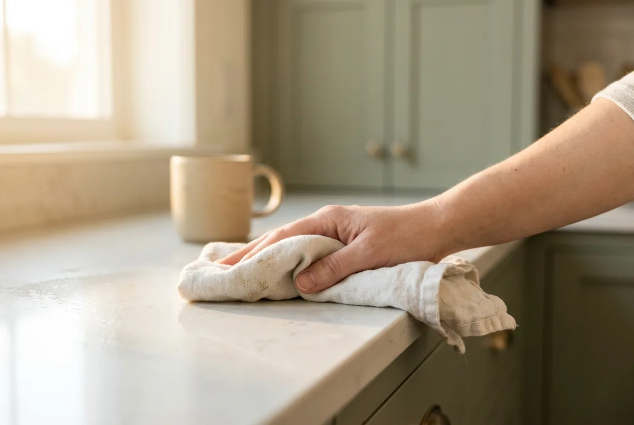Cleaner's hand wiping a gleaming kitchen counter in warm morning light