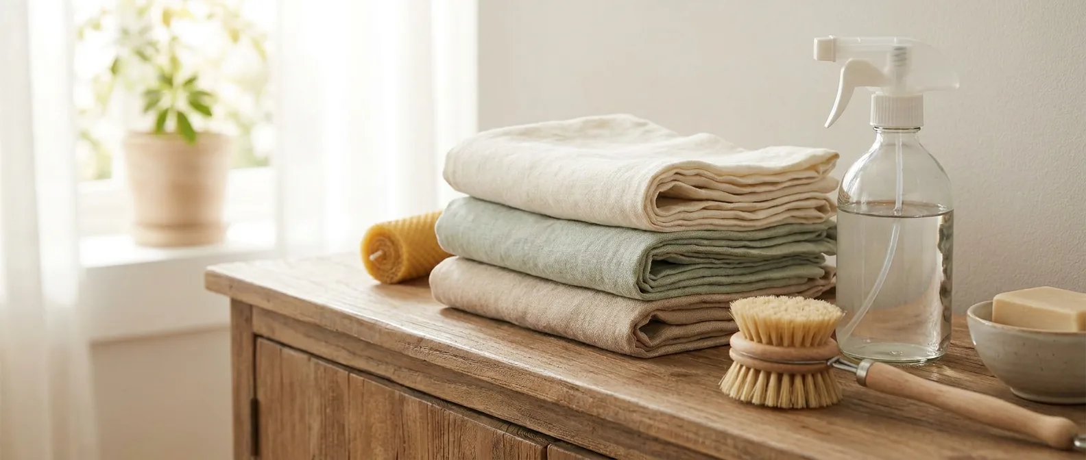 Stack of fresh folded linens and towels ready for a rental turnover