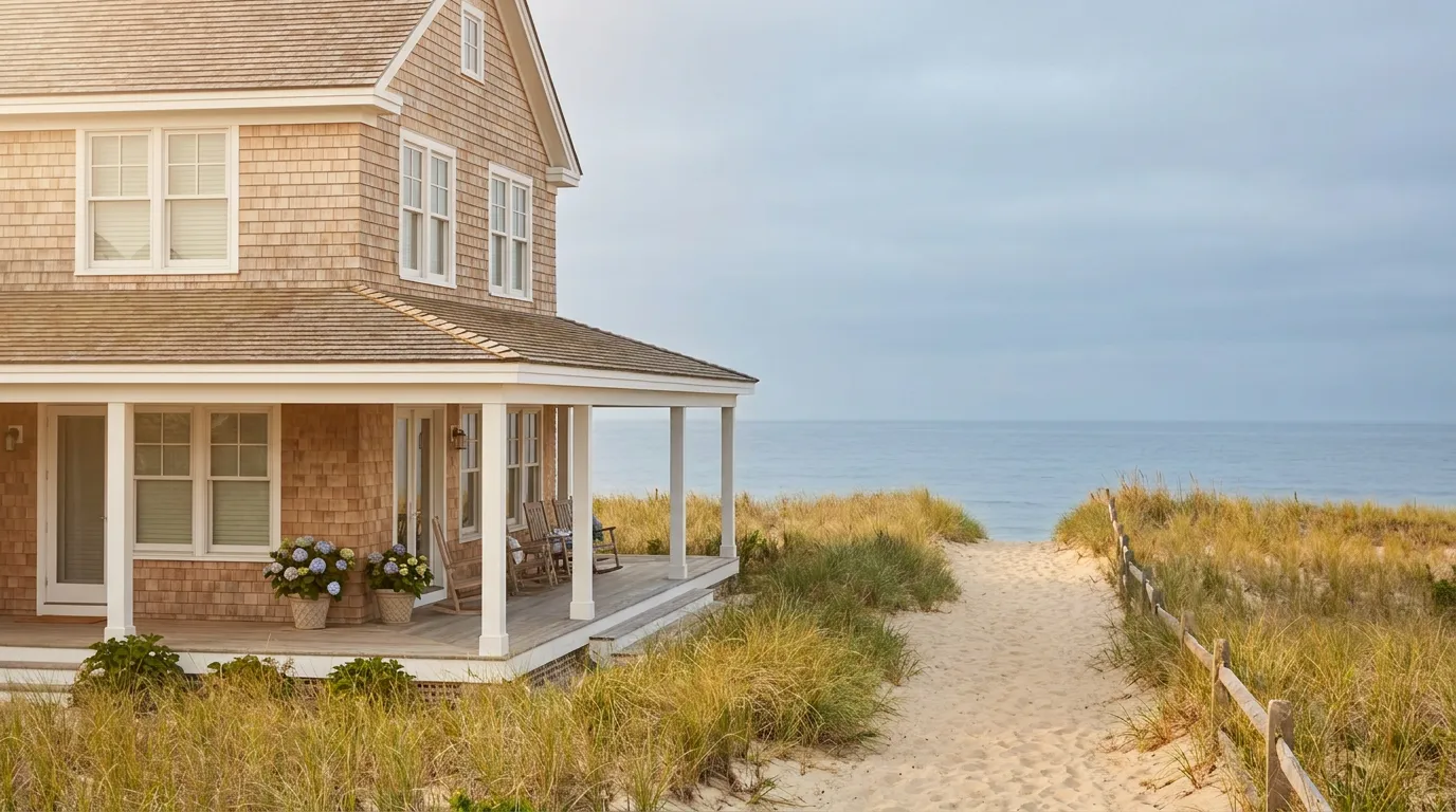 Warm coastal New Jersey home exterior in soft afternoon light