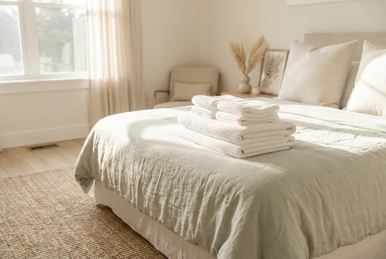Guest-ready short-term rental bedroom with fresh folded towels and neatly staged linens