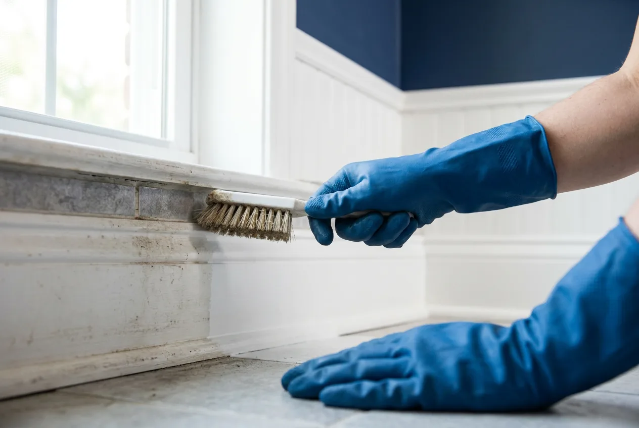 Hand detailing a kitchen surface during a deep clean in a Toms River home
