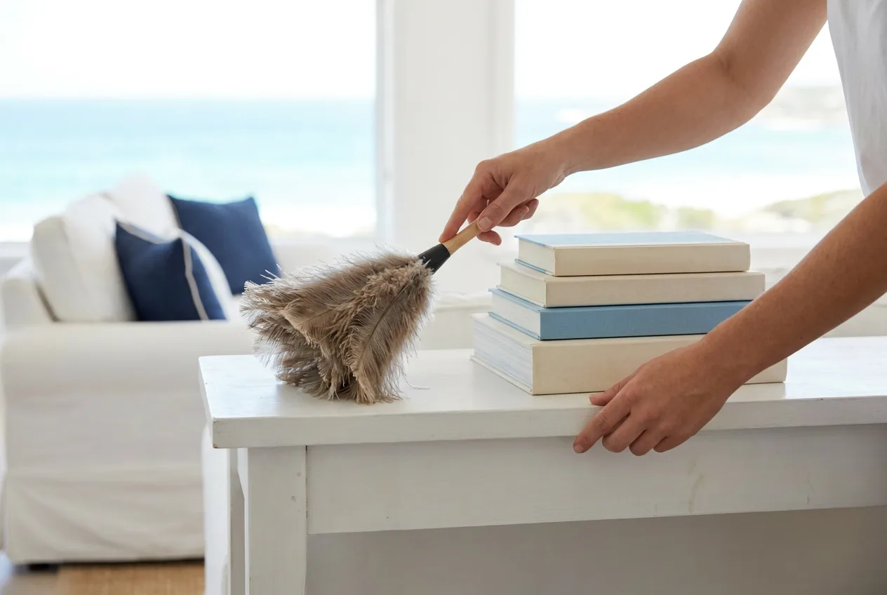 Cleaner tidying a bright, lived-in Toms River living room during a recurring visit